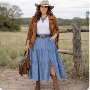 Lane Bryant Chambray Maxi Skirt Sz 14/16 Tiered Pull On Front Slit Boho Western